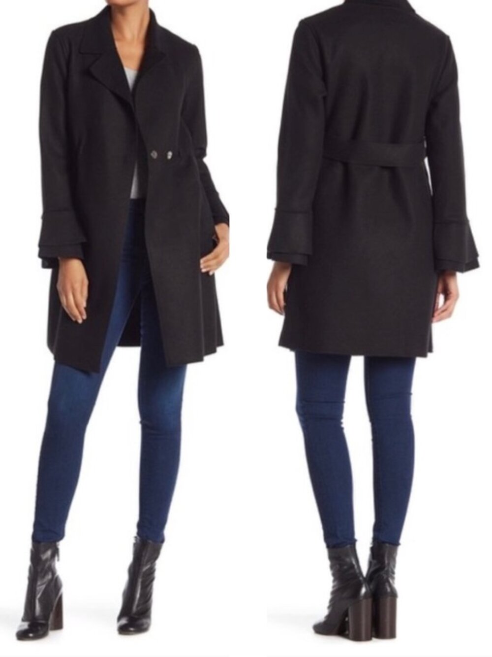 Trina Turk Sasha Bell Sleeve Wool Blend Coat Size 6 Black Raw Edge Car Coat